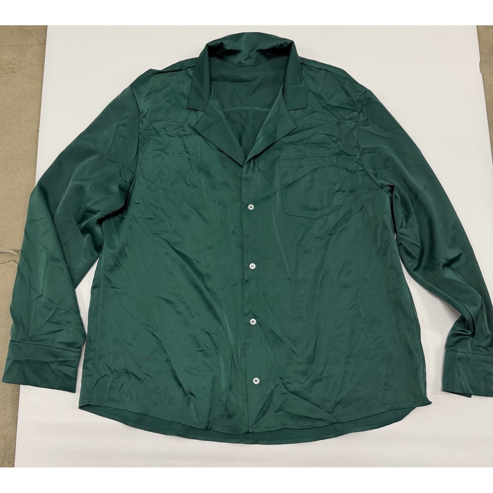 Mens Dark Green Satin Button Down Shirt Long Sleeve Camp Collar M5W147 XXL
